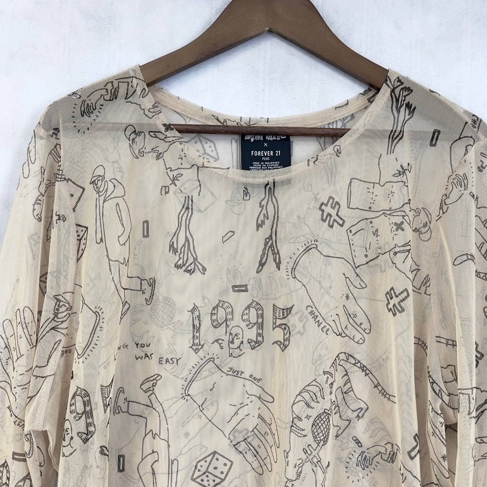 Forever 21 Yuki Haze Mesh Graphic Top Women 3X Sheer Doodle Print Street Indie - Picture 2 of 11